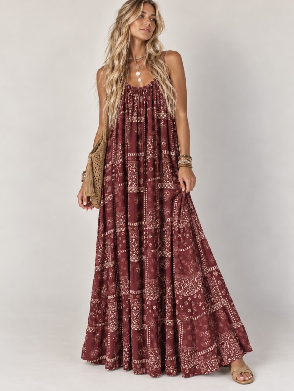 Natural Life Brick Bandana Boho Festival Prairie Maxi Dress Granola Girl Medium